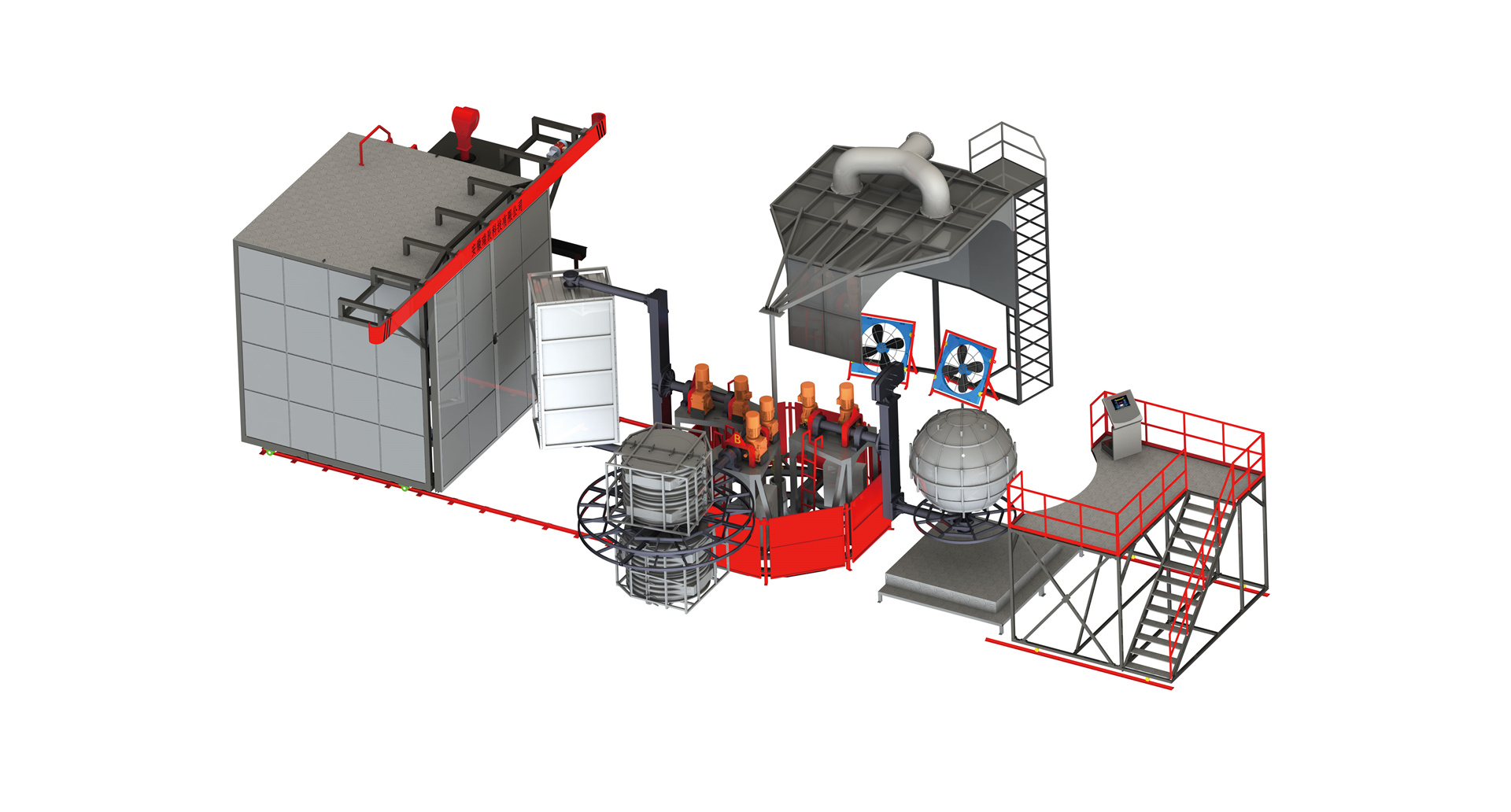 Tower rotating three arm four station rotational molding machine
